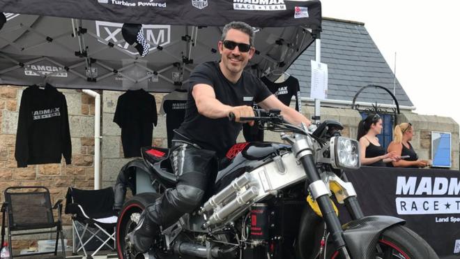 Zef Eisenberg on his turbo-charged bike on 16 July 2017 at an event in Guernsey.