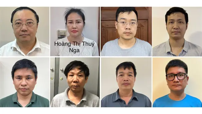 Các bị can lần lượt từ trái sang phải, từ trên xuống dưới: Phan Huy Anh Vũ; Hoàng Thị Thúy Nga; Nguyễn Quang Minh; Nguyễn Tiến Thu; Hoàng Thế Quỳnh; Nguyễn Công Tiến; Ninh Văn Sinh; Vũ Quang Ngọc.