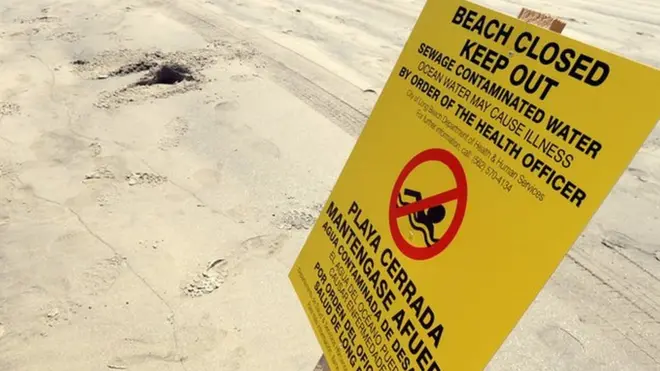 Плакаты на пляжах Калифорнии предупреждают людей об опасности купания в грязной воде
