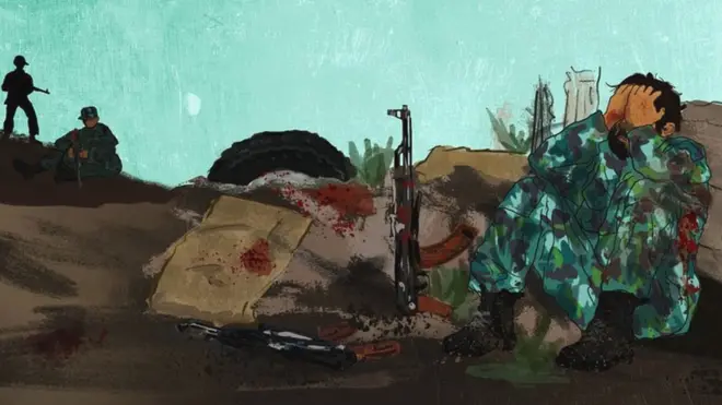 An illustration of a fighter holding his head in his hands.