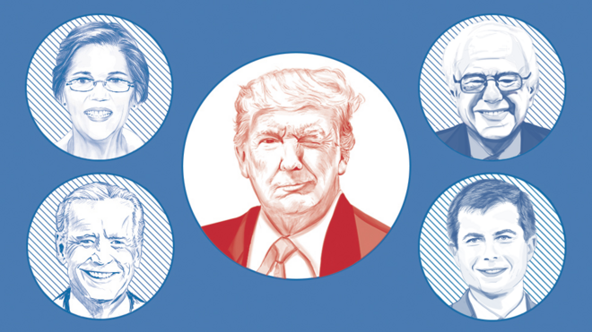 Image showing Donald Trump winking at possible Democratic challengers Elizabeth Warren, Bernie Sanders, Pete Buttigieg and Joe Biden.