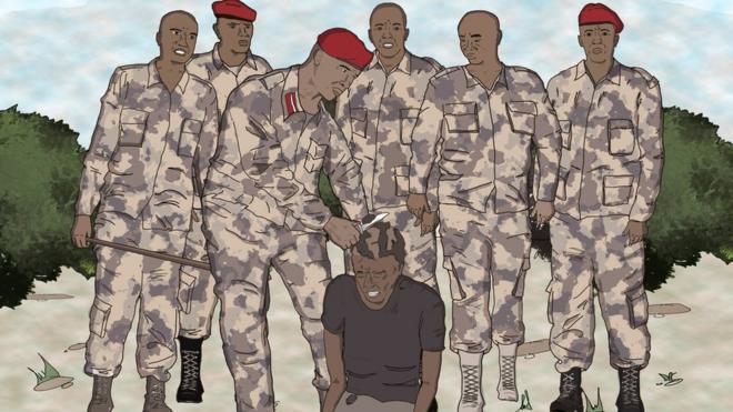 ilustração de soldados raspando cabeça de homem