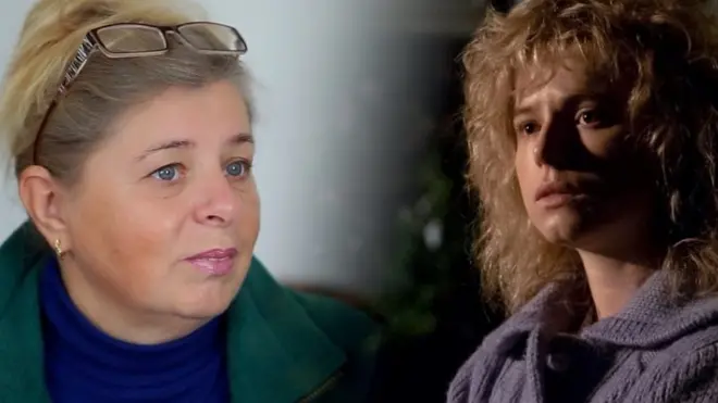 Lyudmila Ignatenko y la actriz Jessie Buckley, que la interpreta