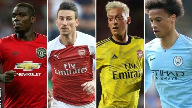 Paul Pogba (kushto), Laurent Koscielny (kushoto kati), Mesut Ozil (kulia kati) and Leroy Sane (kulia)