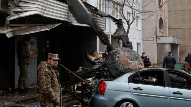 Scene of helicopter crash in Brovary, January 18, 2023