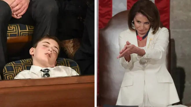 Joshua Trump durmiendo y Pelosi aplaudiendo