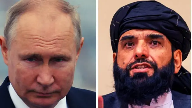 पुतिन और और तालिबान प्रवक्ता सुहैल शाहीन