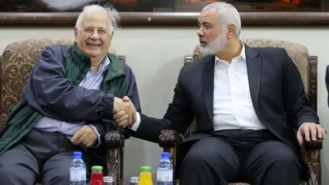 رئيسة اللجنة المركزية للانتخابات الفلسطينية حنا ناصر، يلتقي رئيس حركة حماس إسماعيل هنية في مدينة غزة 28 أكتوبر/ تشرين أول 2019