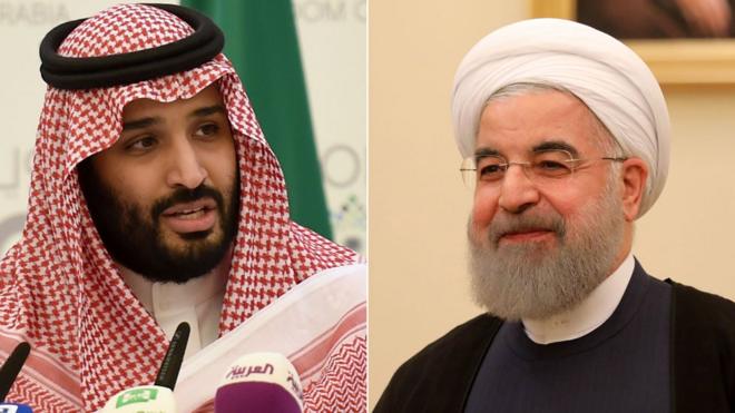 El príncipe heredero Mohammed bin Salman y el presidente de Irán, Hassan Rouhani.