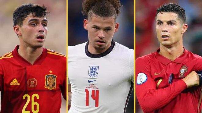 Pedri, Kalvin Phillips and Cristiano Ronaldo