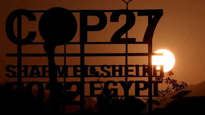 The sun sets behind the International Congress Center before the 2022 United Nations Climate Change Conference