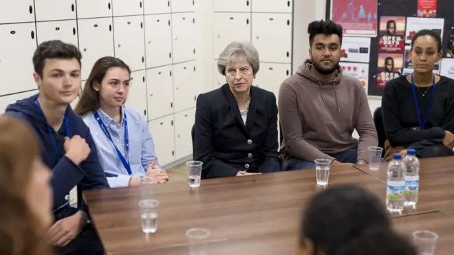 PM Theresa May berdiskusi dengan para siswa di sebuah sekolah di London selatan, menjelang peluncuran data ketimpangan etnis di Inggris.