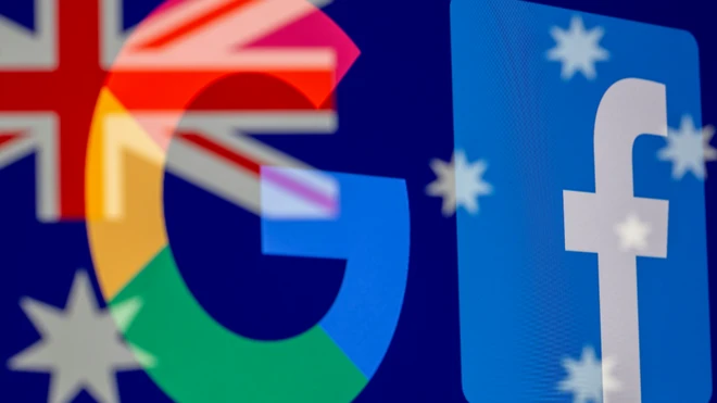 The Google and Facebook logos and the Australian flag are displayed in this illustration photo