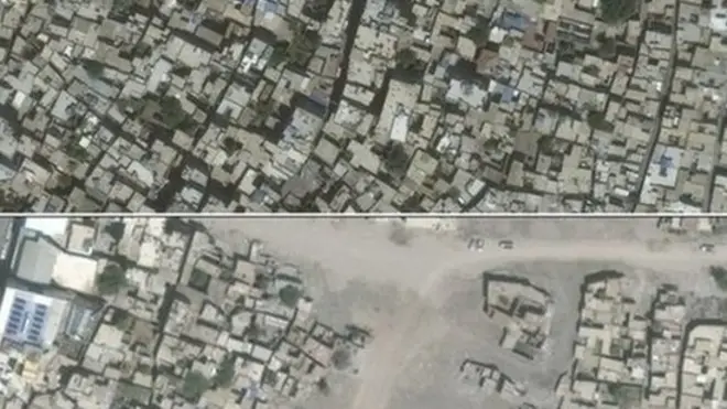 مواصلاتی تصاویر میں دیکھا جا سکتا ہے کہ یہاں سیکنڑوں عمارتیں تباہ ہو چکی ہیں