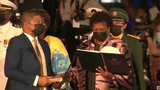 Live stream image shows Dame Sandra Mason being sworn in