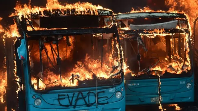 Las protestas causaron destrozos en decenasblaze é apostaestaciones del metro y varios buses incendiados.