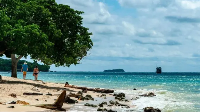 Casal caminha em praia paradisíaca