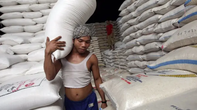 Seorang pekerja memanggul sekarung beras dari sebuah gudang di Jakarta, beberapa waktu lalu. Kasus dugaan mengoplos beras subsidi mengemuka setelah kepolisian menggerebek sebuah gudang beras di Bekasi, pada 20 Juli lalu.