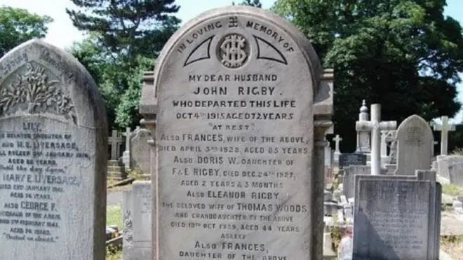 Eleanor Rigby es uno de los nombres incluidos en esta lápida del cementerio de la iglesia de San Pedro de Wolton, un barrio de Liverpool, en el noreste de Inglaterra.