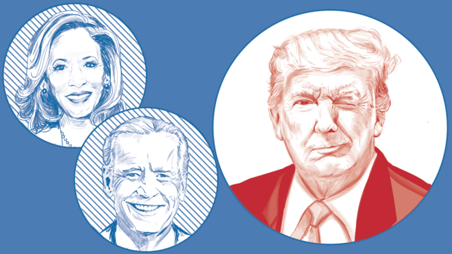 Image showing Donald Trump winking at possible Democratic challengers Kamala Harris and Joe Biden.