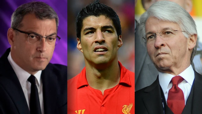 A composite image of Damien Comolli, Luis Suarez and Dick Law
