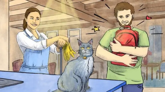 Reece re-united with his possessions and celebrating with the cleaner and cat