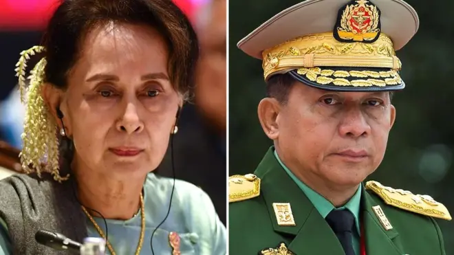 Phe quân đội do Tướng Min Aung Hlaing (phải) lãnh đạo đã tiến hành cuộc đảo chính hôm 01/2/2021 và bắt giam lãnh tụ đảng NLD và Cố vấn Quốc gia Aung San Suu Kyi