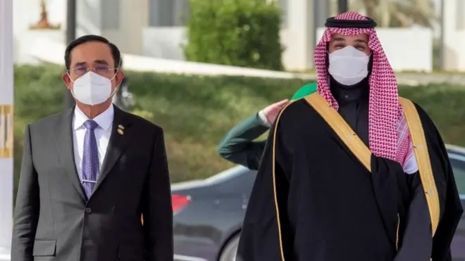 Saudi Crown Prince, Mohammed bin Salman (right) receives Thailand"s Prime Minister Prayuth Chan-ocha in Riyadh, Saudi Arabia, January 25, 2022.