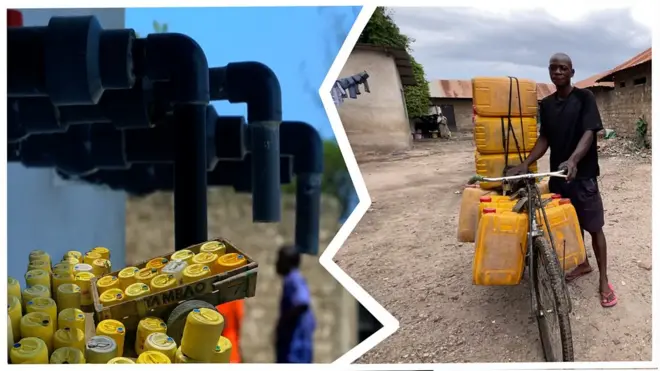 ภาพท่อน้ำ และภาพคนบรรทุกถังน้ำบนจักรยาน
