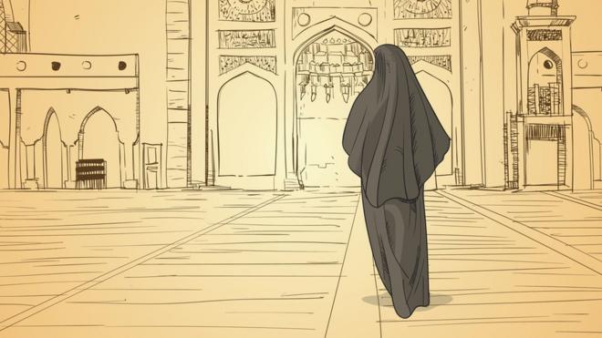 Ilustrasi perempuan berkerudung di dalam Masjid