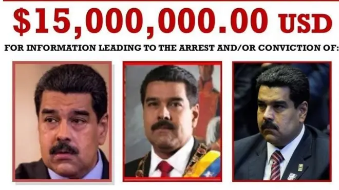 Cartel de la Administración para el Control de Drogas (DEA) de Estados Unidos ofreciendo US$15 millones a cambio de información que lleve a la captura de Nicolás Maduro.