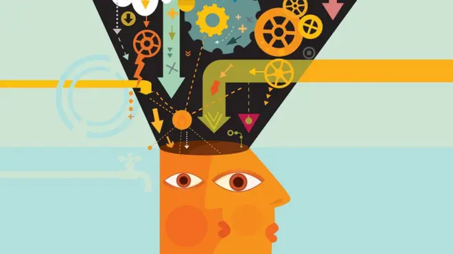 Concept drawing representing a head filling with different information