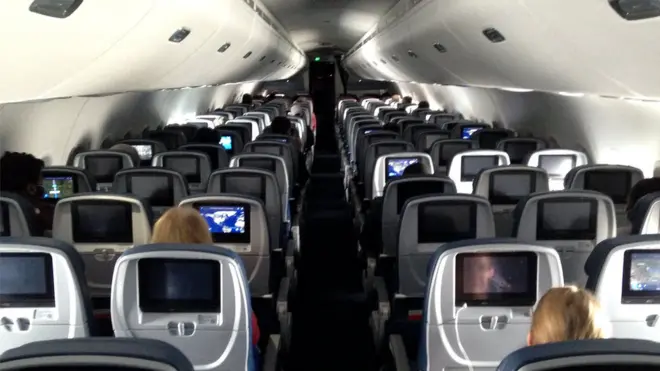 The cabin of a domestic US Delta flight between Minneapolis and Baltimore on 25 April 2020