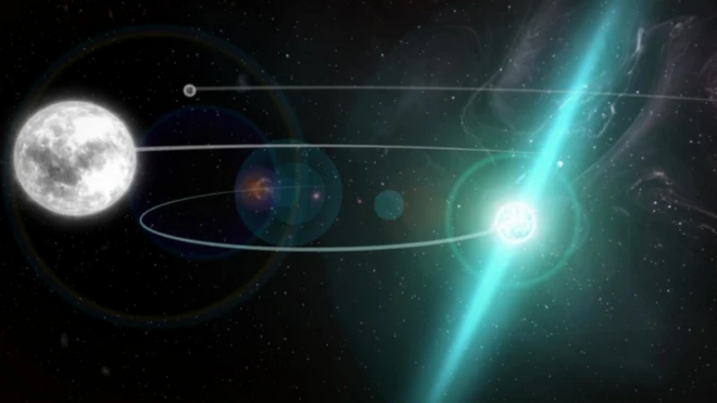 ภาพจากฝีมือศิลปินจำลองระบบดาว PSR J0337+1715 ซึ่งอยู่ห่างจากโลก 4,200 ปีแสง และเป็นเครื่องมือทดสอบทฤษฎีความโน้มถ่วงของไอน์สไตน์ในครั้งนี้