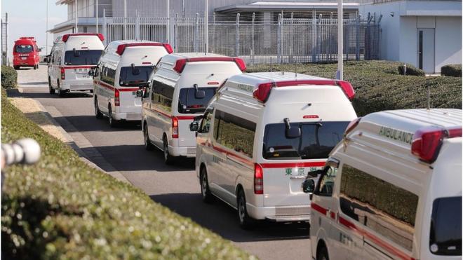 2020年1月30日，日本政府安排撤离本国公民的包机从武汉抵达东京羽田机场后，救护车在机场待命。