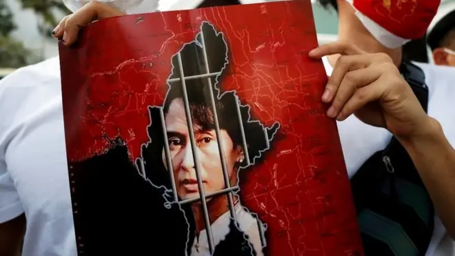 Picture of Aung San Suu Kyi's face behind bars