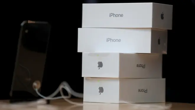 Boxes of the new iPhone X sit on a table at an Apple Store on November 3, 2017 in Palo Alto, California