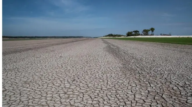 Area of parched land affected by severe drought in the Rio Negro, Amazonas, Brazil, October 2023.