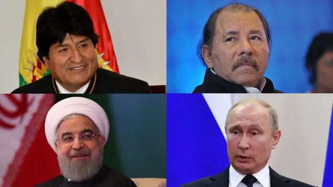 Evo Morales, Daniel Ortega, Hassan Rouhani y Vladimir Putin están entre los pocos fuertes aliados de Venezuela.