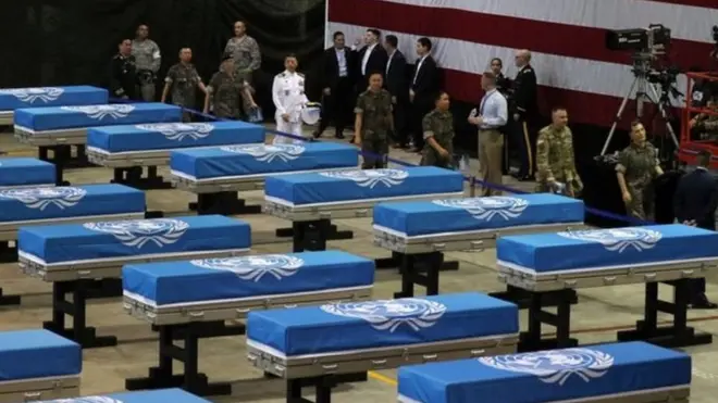 Militer AS melakukan upacara pemulangan kembali di markas udara Osan, Korea Selatan.