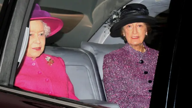 Lady Hussey in a car with the late Queen