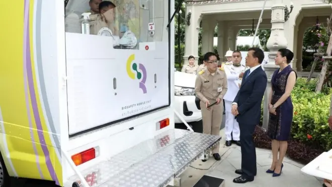 ในหลวงและพระราชินีทอดพระเนตรการปฏิบัติงานของเจ้าหน้าที่บนรถตรวจโรคติดเชื้อชีวนิรภัยที่พระราชทานพระราชทรัพย์จัดทำขึ้น