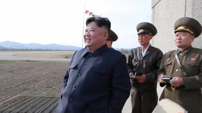 Kim Jong-un attending a flight training of Korean People's Army Air Force on April 16