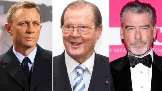 كريغ إلى اليسار وبروسنان في الوسط وروجر مور في اليمين