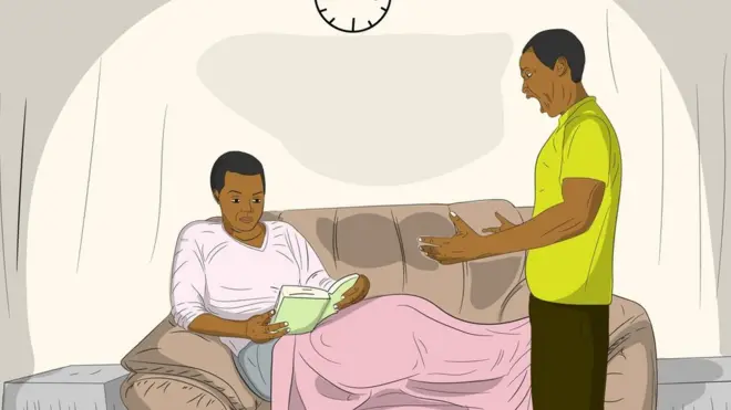 Drawing of man wey dey shout for one woman wey dey read her book and no react