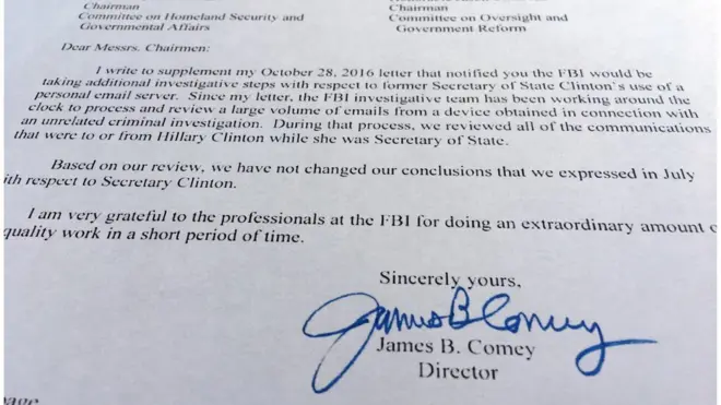 Surat dari Direktur FBI, James Comey, kepada Kongres AS, yang menyatakan penyelidikan baru tidak menghasilkan kesimpulan berbeda.