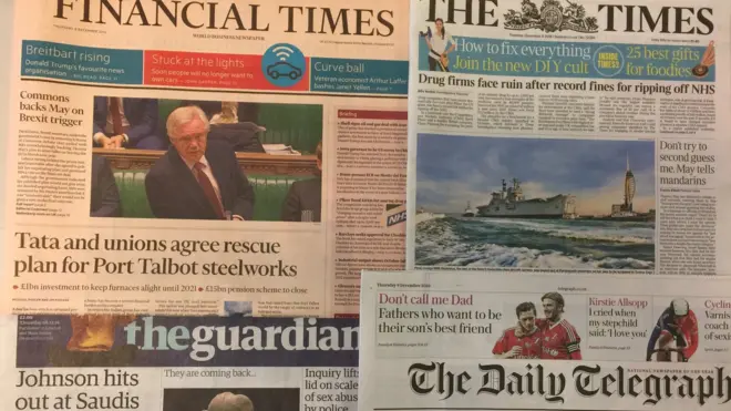 英国媒体周四（12月8日）的头条报道多与昨晚的议会投票有关，但还有首相约翰逊的意外发言，与辉瑞制药的"丑闻"。