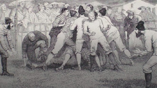 1874 game of rugby in front of Mount Fuji from The Graphic magazine