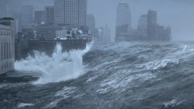 Film The Day After Tomorrow membayangkan masa depan yang terdampak perubahan iklim sebagai bencana besar.