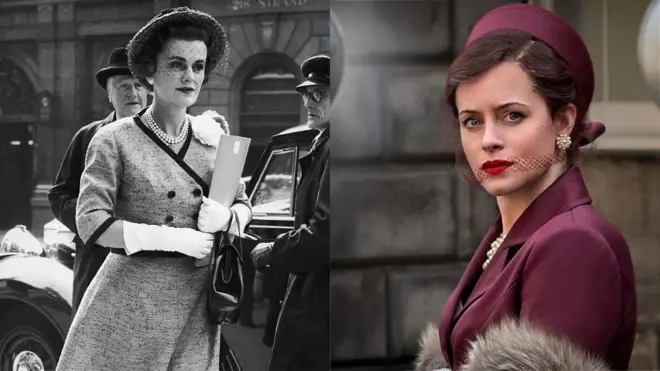 Margaret Campbell, duquesa de Argyll (izq) y Claire Foy como la duquesa de Argyll en "Un escándalo muy británico" (der), llegando a los tribunales.